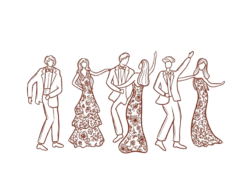 Line drawing of a wedding party dancing in formal attire