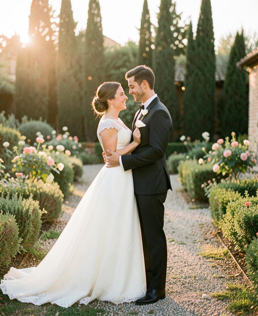 Alizee and Chesnel embracing in a garden at golden hour